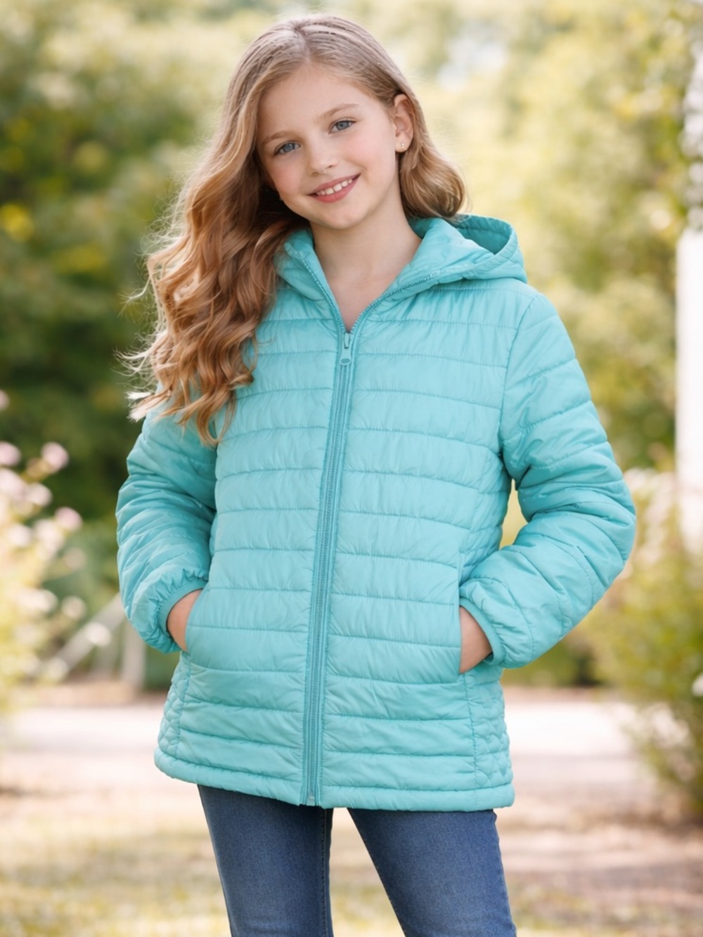 GAP aqua hooded mid weight puffer coat jacket girls large